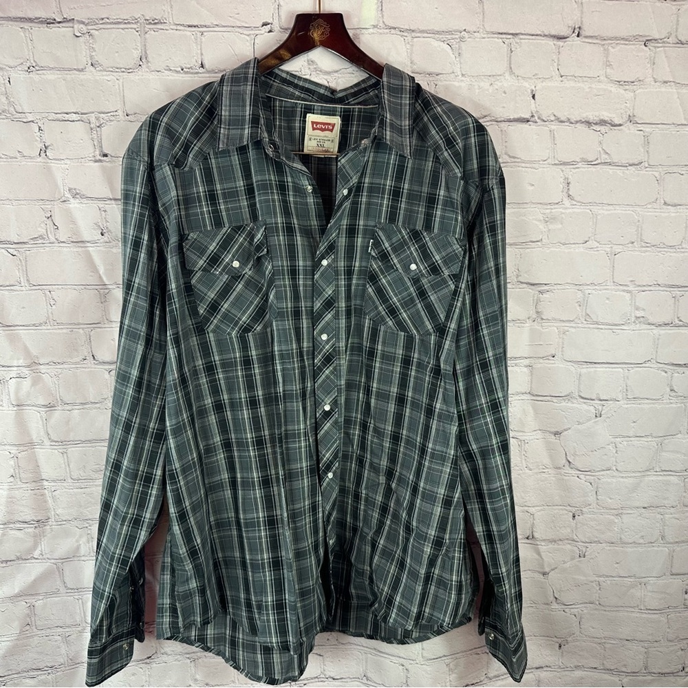 Levi's grey black plaid western pearl snap Shirt sz XXL cotton blend festival - Picture 1 of 7